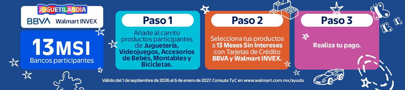 Juguetilandia 13 MSI con Tarjetas de crédito WM INVEX y BBVA. Artículos participantes de Juguetería, Videojuegos, Accesorios de Bebés, Montables y Bicicletas. Vigencia del 1 de septiembre 2026 al 6 de enero 2027