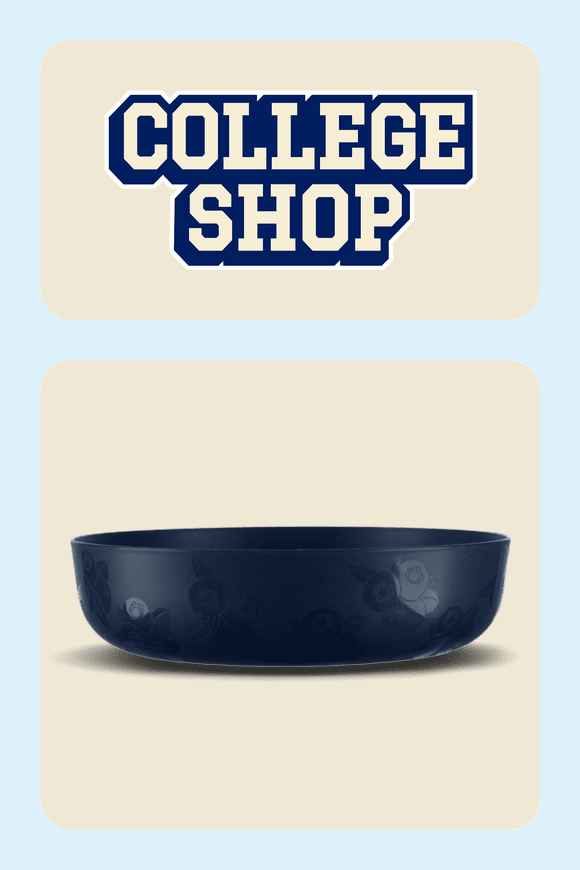 Image shows Mainstays 42-Ounce Round Plastic Dinner Bowl Navy Blueberries Etched