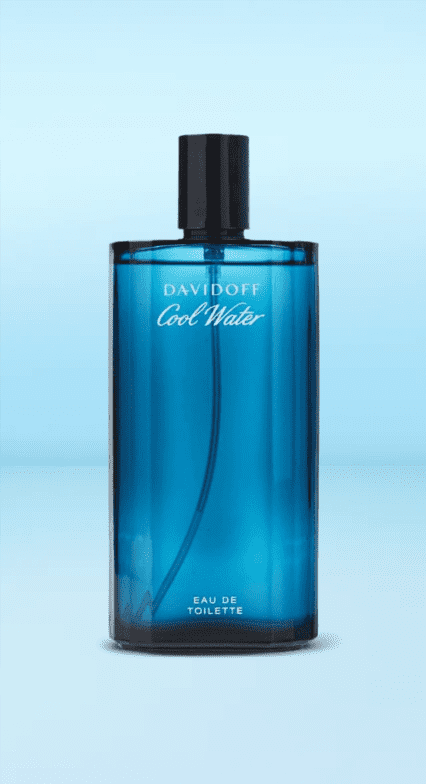 Image shows a blue Davidoff Cool Water cologne bottle on a light blue background.
