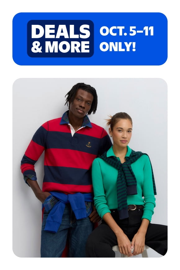 Deals and more badge with dates October five through eleven only above two adults modeling casual fall outfits.