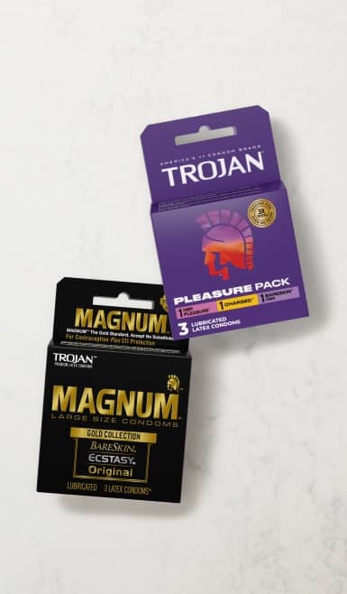 Magnum’s Gold Collection BareSkin large-sized condoms and Trojan’s
3-pack (Her Pleasure, Charged, and Bareskin) assortment condom pack.