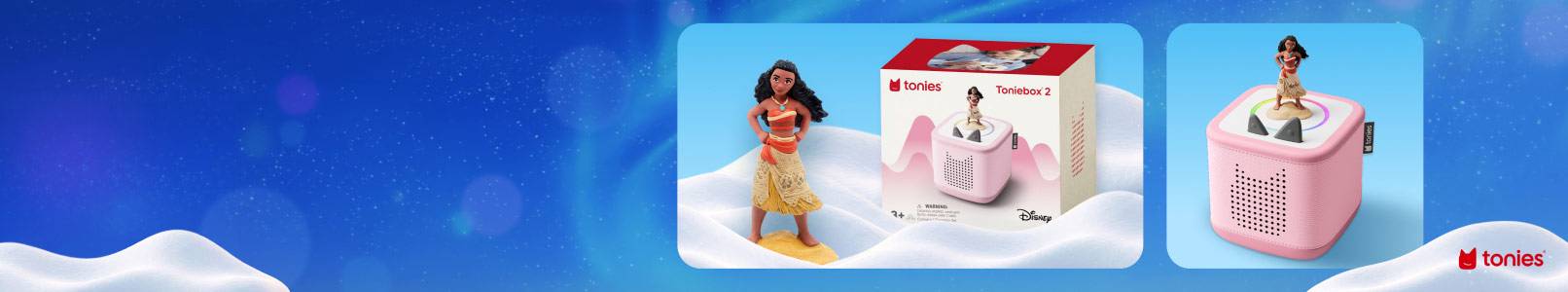 Tonies Moana figure with pink Toniebox packaging and Moana figure standing on a pink Toniebox audio player.