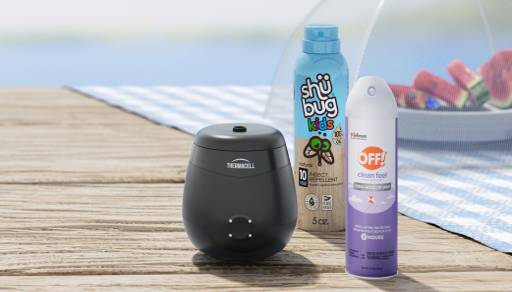 Thermacell Repeller, OFF Clean Feel Repellent, and Shu Bug KId repellent are all shown on a picnic table.