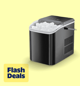 Image shows a black Edx countertop ice maker filled with ice on a light yellow background.