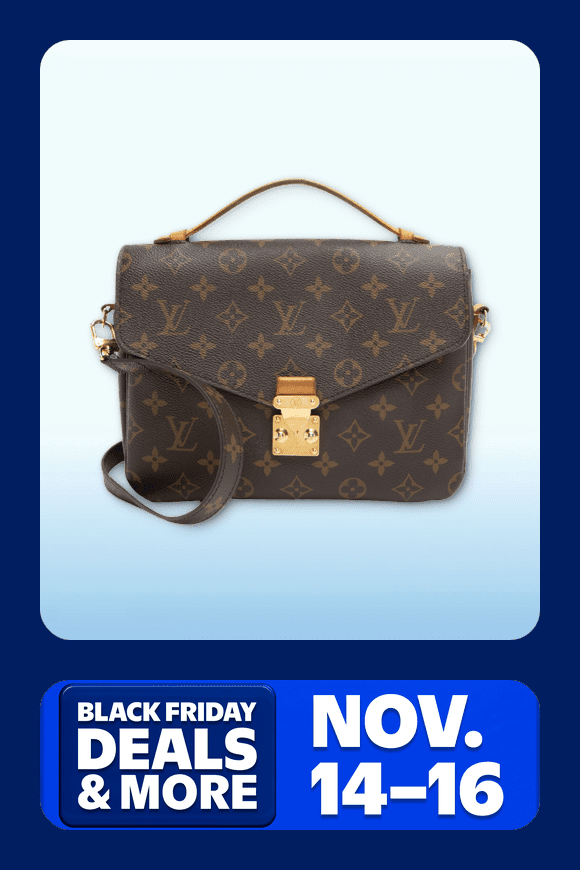 Image shows a brown Louis Vuitton monogram canvas shoulder bag on a gradient blue background.