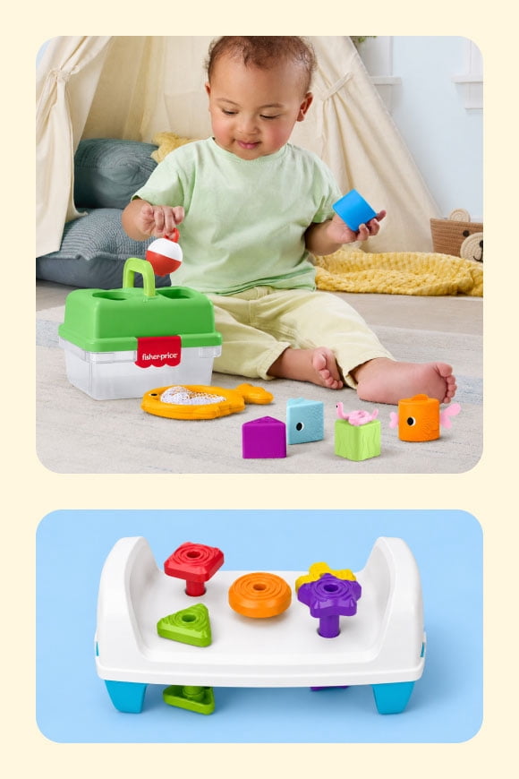 Colorful shape sorter toys as well as a baby playing with a fish-themed Fisher-Price variation.