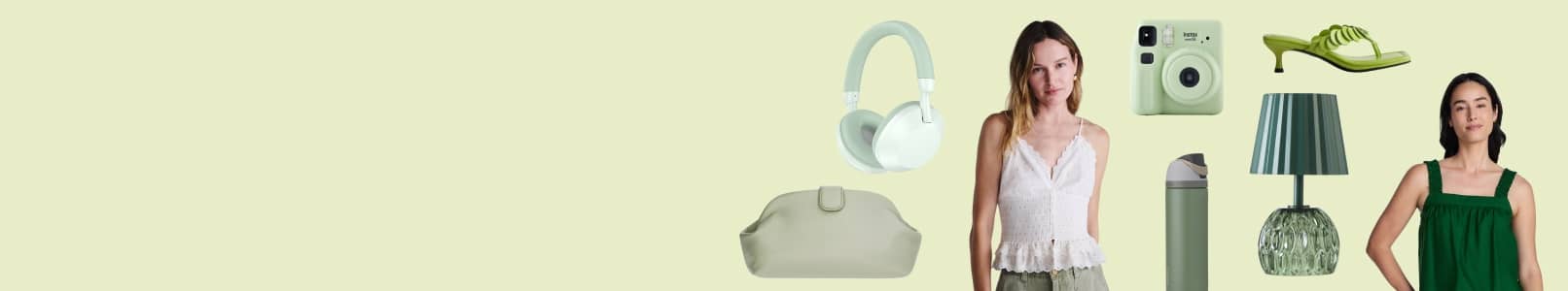 Green, matcha-inspired assortment featuring headphones, an instant camera, green sandals, a table lamp, water bottle, pouch, and summer apparel.