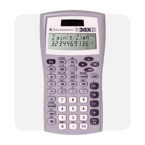 Image shows a lavender Texas Instruments TI-thirty XIIS scientific calculator on a light gray background.
