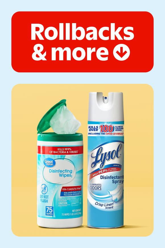 Rollbacks and more banner. Great Value disinfecting wipes and Lysol spray.