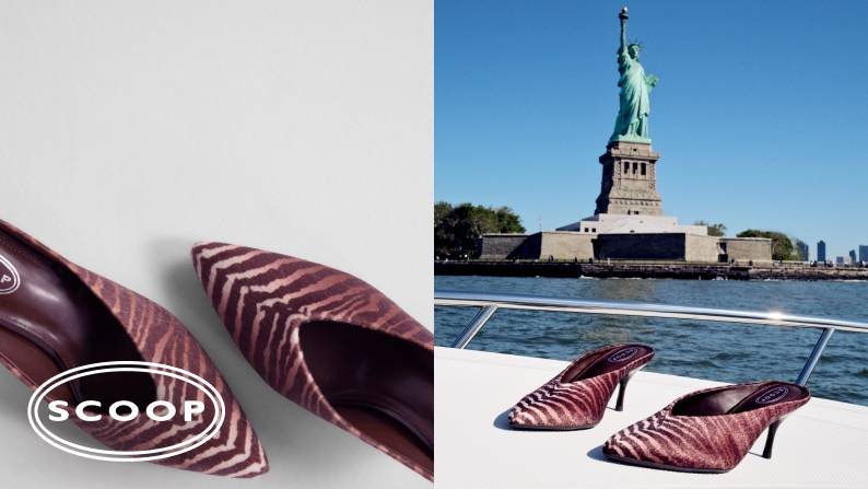 Burgundy and cream zebra print pointed toe slingback heels displayed on a boat with the Statue of Liberty behind them.