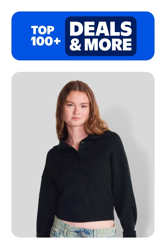 Top one hundred plus deals and more badge above an adult in a black long sleeve top and light blue jeans.