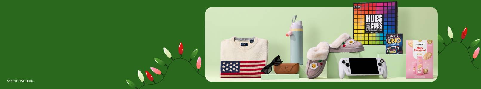 An image of a USA-themed sweater, Ray-Ban sunglasses, a water bottle, slippers, Hues and Cues game, Liar’s UNO, an Xbox console and a Dove gift set.