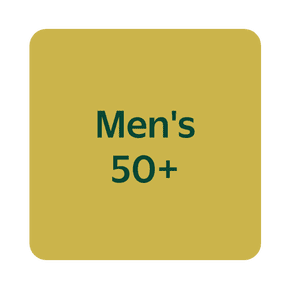The words “Men's fifty plus” are against a mustard yellow square background.