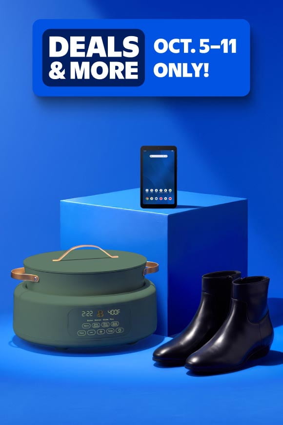 Deals and more Oct. five through eleven only: green kitchen appliance, smartphone and black ankle boots on display.