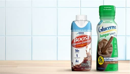 Nestle’s Boost Glucose Control and Glucerna’s Hunger Smart diabetic-friendly protein shakes are shown.