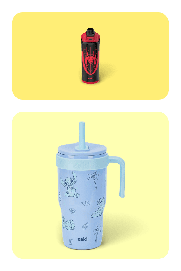 Image shows Zak Designs 20oz Spiderman Kids Straw Water Bottle, Stainless Steel Vacuum Insulated Liberty Bottle with Easy-Open Locking Spout Cover for