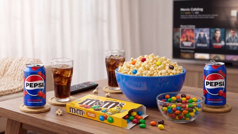 Pepsi Wild Cherry cans, cola glasses, a blue bowl of popcorn with candy and M and Ms Peanut box on a coffee table in front of a TV.