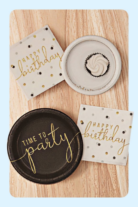 Black and gray plates shown with gold happy birthday and time to party messages.