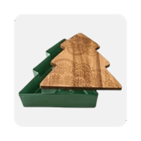 Image shows a green tree-shaped stoneware baking dish with a decorative wooden lid against a white background.