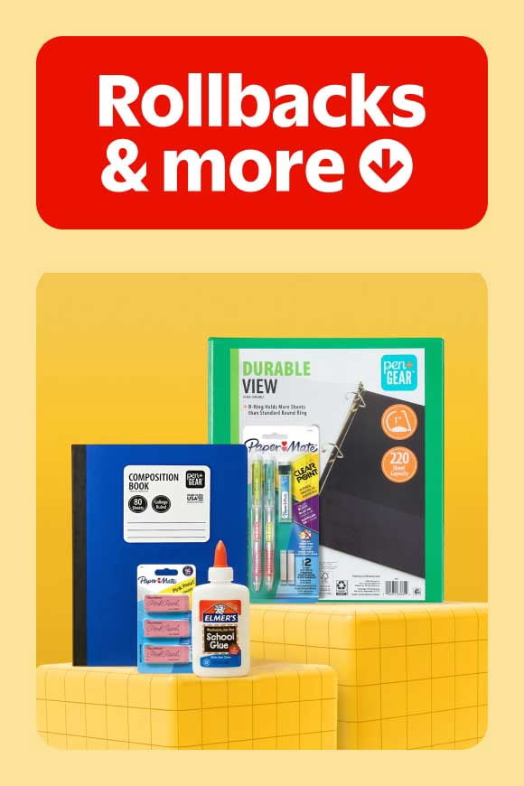 Notebooks, binders, erasers, pencils and glue. Rollbacks & more.