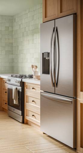A refrigerator and dish washer are featured in a kitchen with light green walls and warm wooden cabinets.