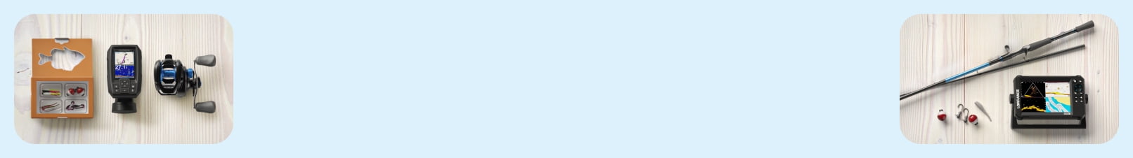 Fishing lures, a reel, a fish finder, a rod and bobbins, all on a white wood background.