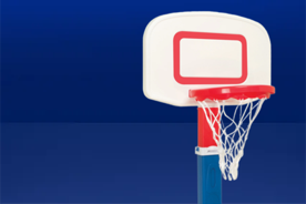 Image shows a colorful Play Day adjustable basketball goal with a white backboard and orange ball on a blue background.