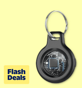 Image shows a black Tukio Bluetooth tracker with a key ring on a light yellow background.
