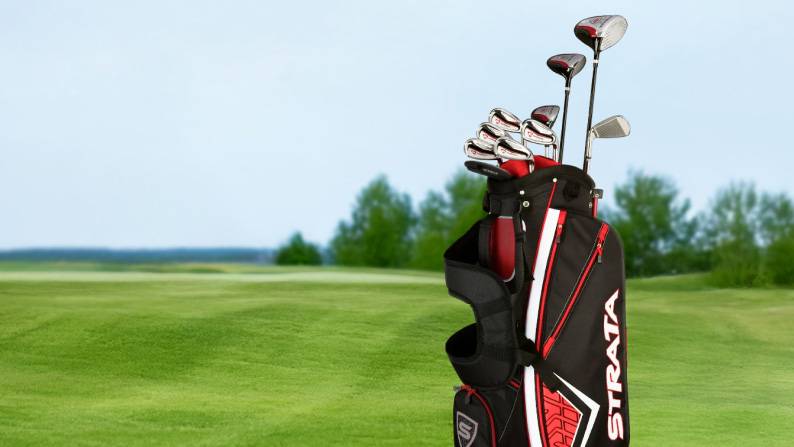 An image of golf equipment. Text says: Get into the swing. Pre-owned golf gear. Shop now.
