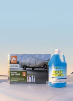 A boat cover and boat wash on a blue background.