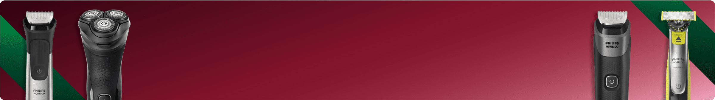 Four types of Philips Norelco shavers and groomers over a red and green holiday background.