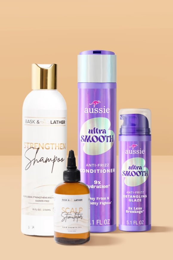 Bask & Lather Strengthen Shampoo and Scalp Stimulator with Aussie Ultra Smooth hair care and "New arrivals for hair.