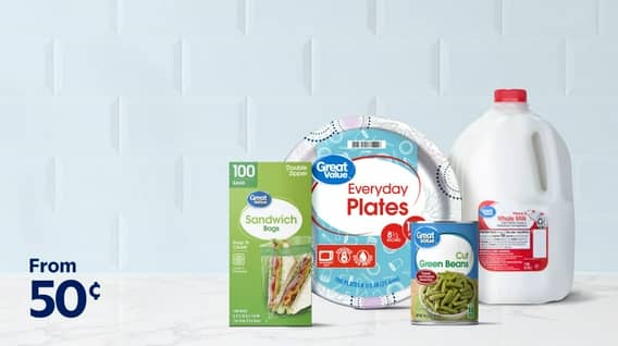 Image shows a variety of Great Value products—including sandwich bags, paper plates, a can of green beans and a jug of milk. From fifty cents.