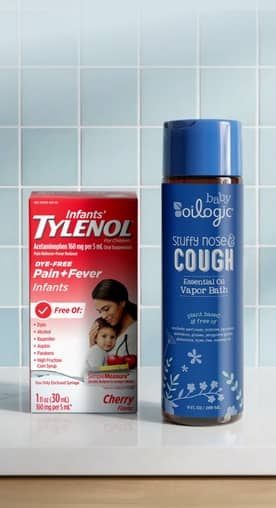 Infant Tylenol pain and fever medicine, baby Oilogic stuffy nose and cough essential oil vapor bath.