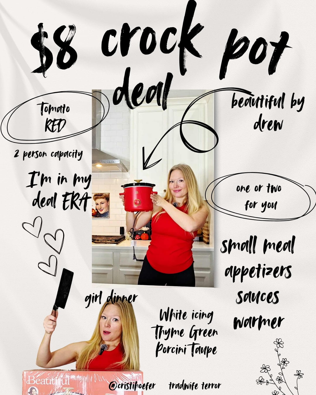 2qt size CROCKPOTS . Cooks meals for 2 or appetizers, sauces, keeping food warm or girl dinner.
Ideal for small spaces, hosting or traveling and
GIFTABLE!! $8 EACH, $17 FOR THE SET. , Shop post,
