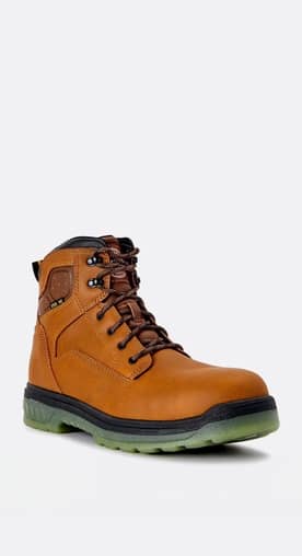 Image of tan leather work boots with non-slip rubber lugged outsoles.