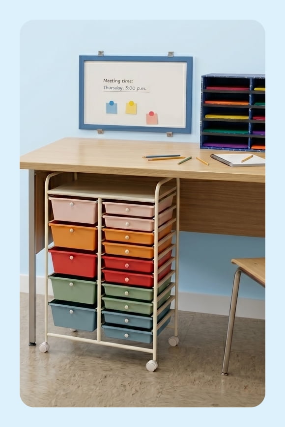 Up to 35% off. A whiteboard, a desk filing system and a rolling storage shelf are pictured.