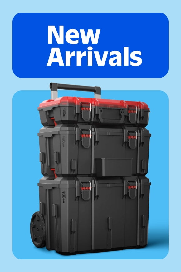 A three-piece Hyper Tough rolling toolbox is seen under the words: New Arrivals.