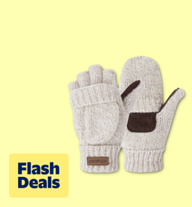 Image shows beige Cooplus winter fingerless knitted gloves with a convertible design on a light yellow background.