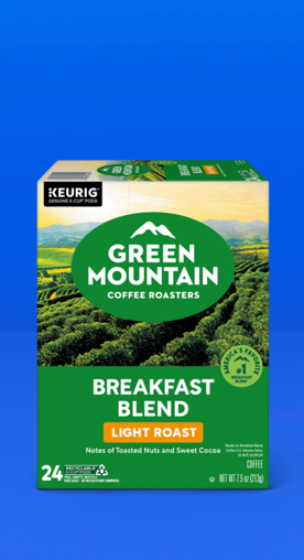 Image shows a green box of Green Mountain Coffee Roasters Breakfast Blend Light Roast coffee pods on a blue background.