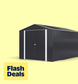 Ofertas Flash. Imagen de un cobertizo exterior gris Netaje de 10'x10' de metal con puertas con cerradura, sobre un fondo amarillo.