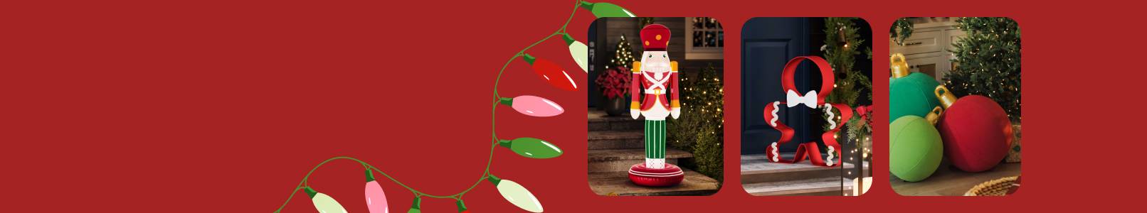 Image shows an inflatable nutcracker, a large cookie cutter decor, and oversized ornaments.