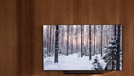 Vizio flat screen television on a wood wall displaying a snowy forest scene with a slim soundbar below.