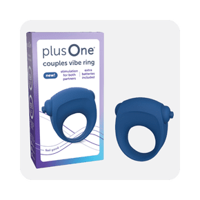 Image shows a blue plusOne couples vibe ring and its packaging against a white background.