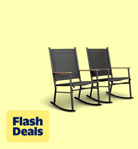 Flash deals. Image shows a set of black Walsunny metal rocking chairs with wooden armrests on a yellow background.