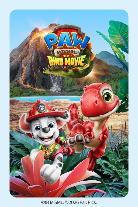 PAW Patrol The Dino Movie logo. Marshall character being chased by a dinosaur. Copyright and trademark SML. Copyright 2026 Paramount Pictures.
