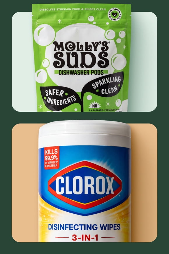 Mollys Suds dishwasher pods bag above Clorox disinfecting wipes three in one container with kills ninety nine point nine percent bacteria badge.