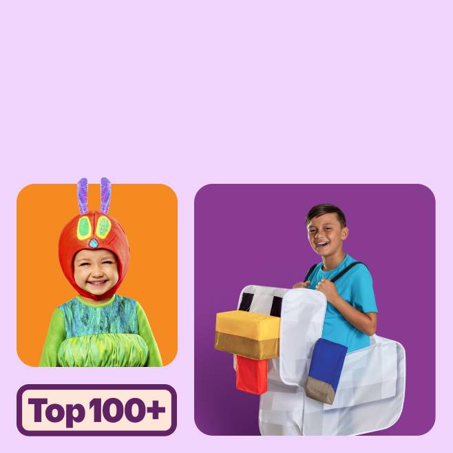 Badge reads: “Top one-hundred plus.” Images show a child wearing a chicken jockey costume and another child in a hungry caterpillar costume.