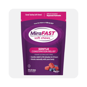 Package of MiraFAST soft chews, a magnesium hydroxide saline laxative for gentle constipation relief. The purple bag features mixed berry imagery and 