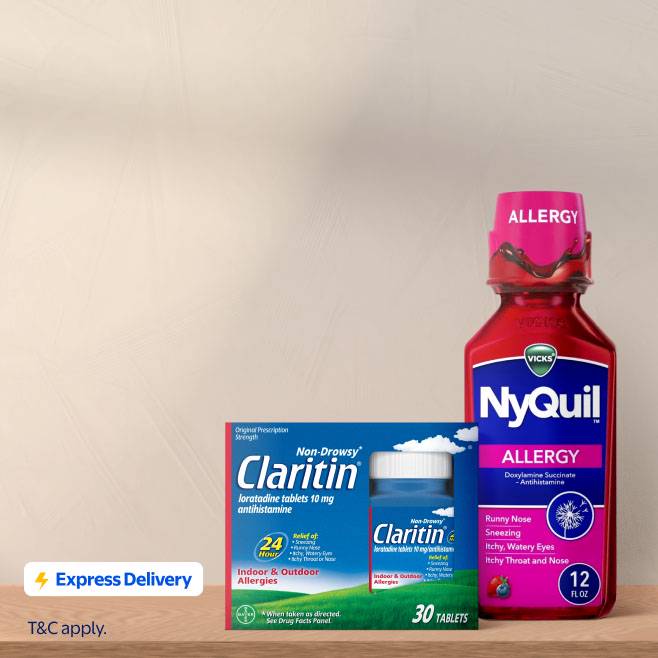 Express Delivery badge. Claritin non-drowsy allergy tablets and Vicks NyQuil allergy liquid meds.